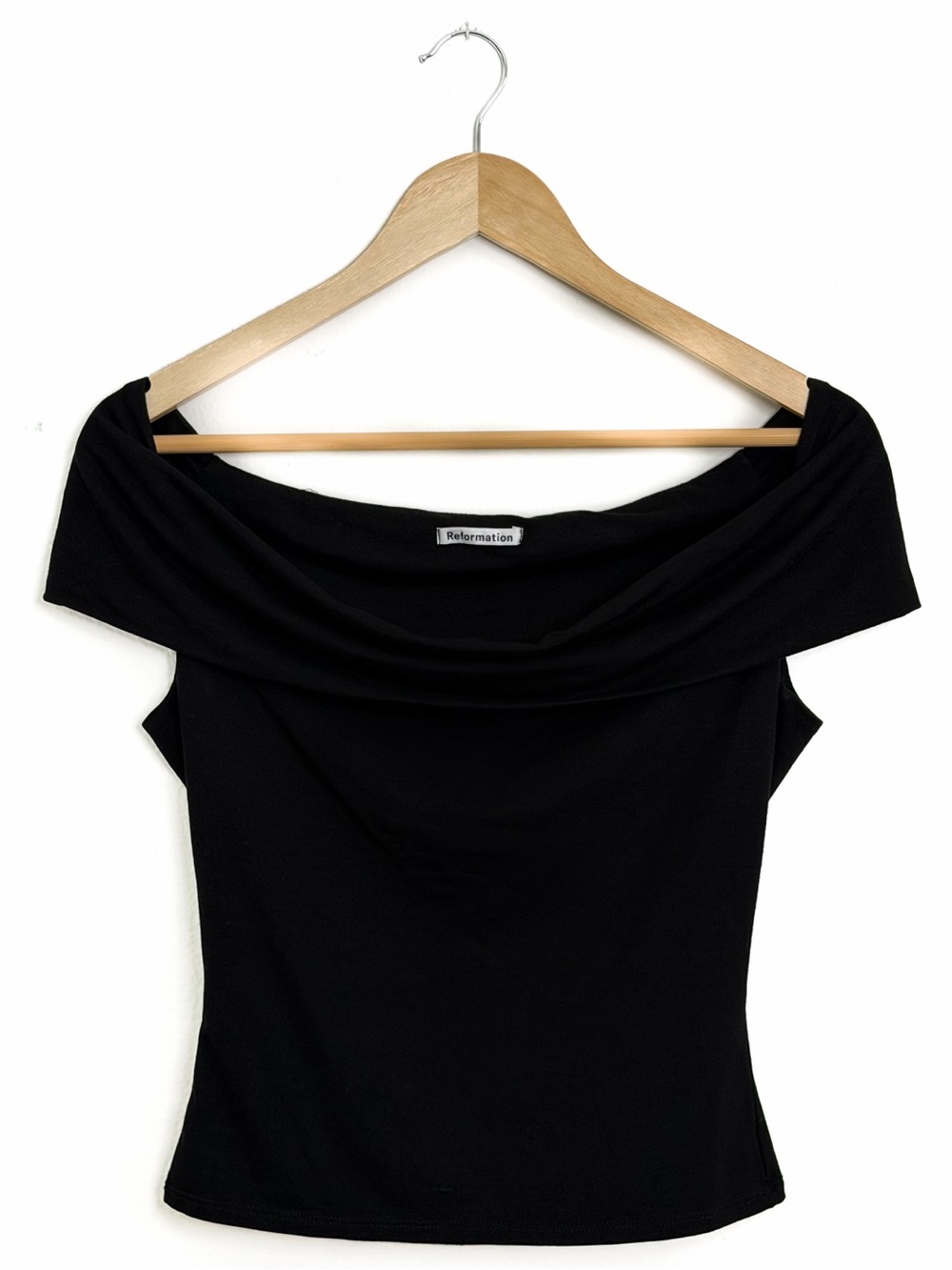 Reformation Black Off Shoulder Drape Top Soft Stretch Minimalist XS S - Picture 2 of 6